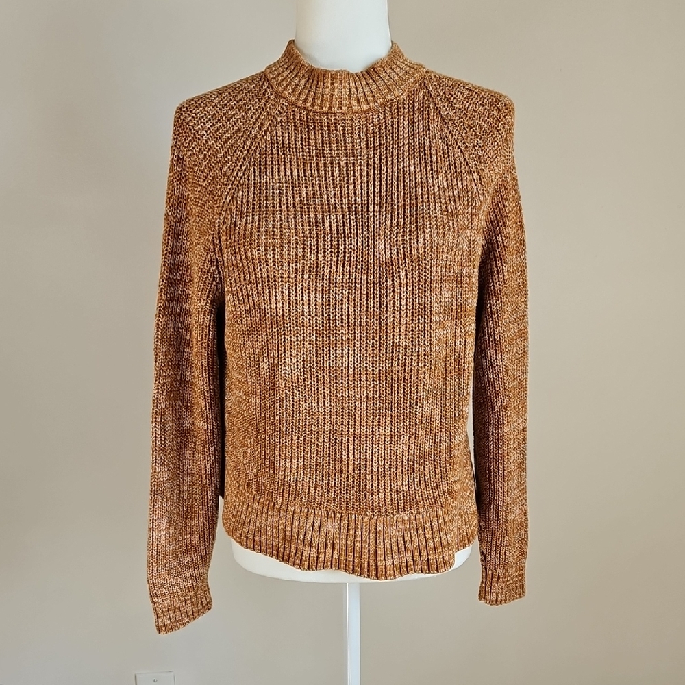 Old Navy Womens SM Shaker Stitch Mockneck Marled Tan Cotton Sweater